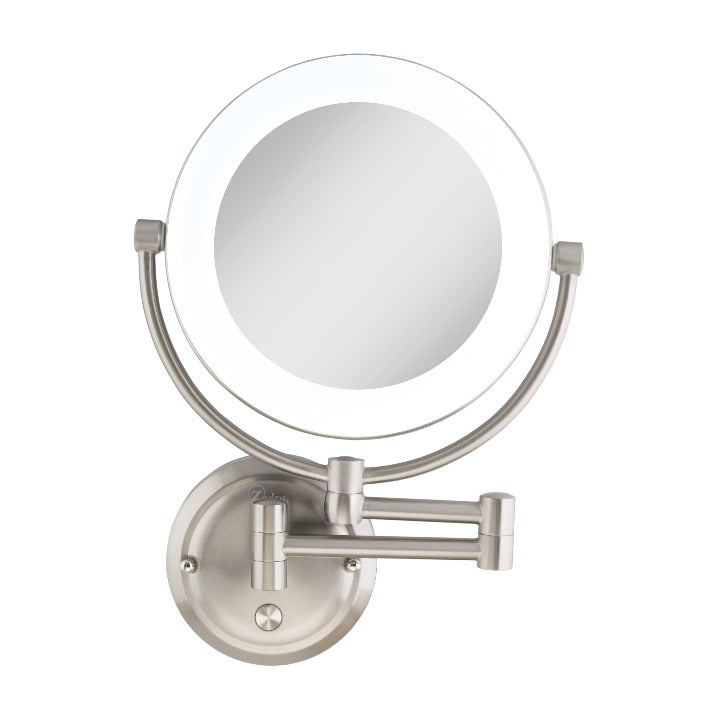 Zadro SLWRLT410 705004423441 product photo front view satin nickel finish, lexington lighted wall mounted makeup mirror with magnification in front of a white background