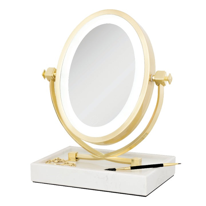 Zadro LOVGLAM55 705004424363 product photo front right angle view with items in tray, brooklyn led lighted makeup mirror with magnification & marble tray in front of a white background