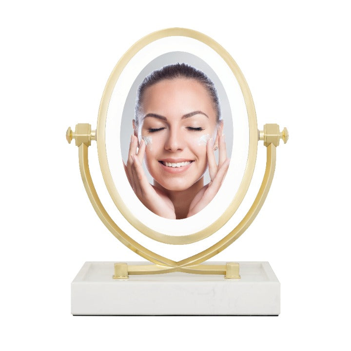Zadro LOVGLAM55 705004424363 product photo front view with face image, brooklyn led lighted makeup mirror with magnification & marble tray in front of a white background