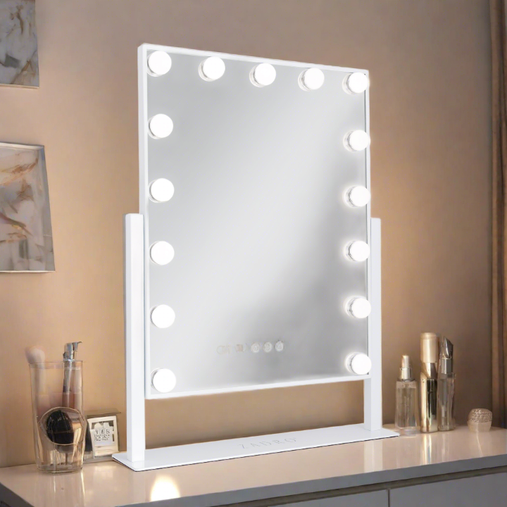 Zadro HLVAR1620 705004424769 environment photo side view in bedroom, 15 led light bulb hollywood makeup mirror - 18" x 21" in front of a real life setting