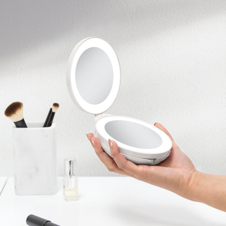 Lighted Travel Mirror with Magnification & Folding-to-Compact