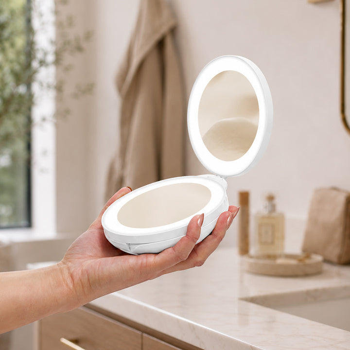Lighted Travel Mirror with Magnification & Folding-to-Compact