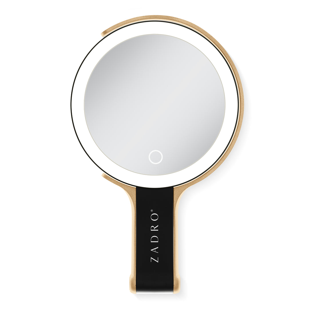 LED Lighted Travel-Ready Hand Mirror with Magnification and Multi-Position Stand