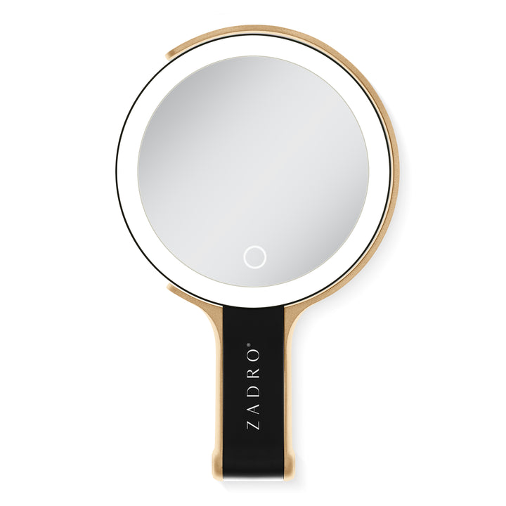 LED Lighted Travel-Ready Hand Mirror with Magnification and Multi-Position Stand