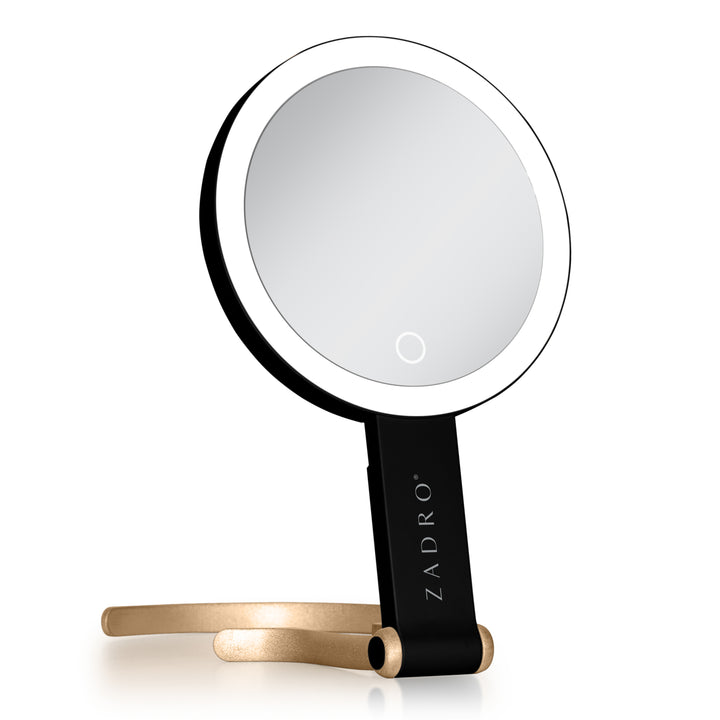 LED Lighted Travel-Ready Hand Mirror with Magnification and Multi-Position Stand