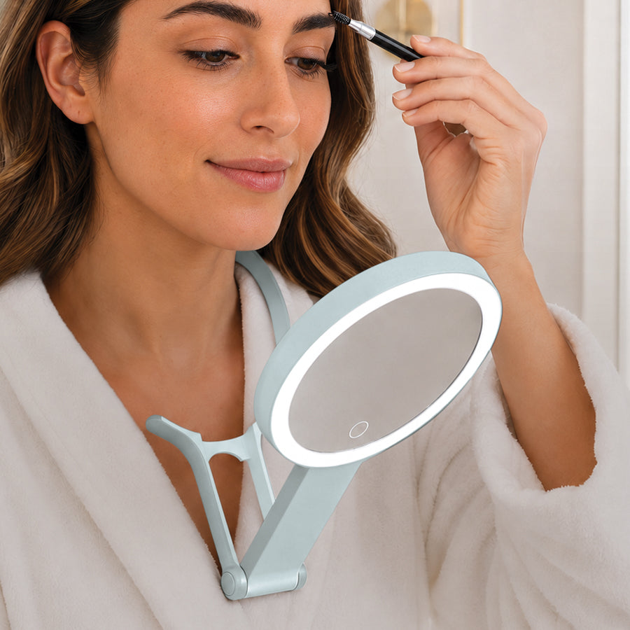 LED Lighted Travel-Ready Hand Mirror with Magnification and Multi-Position Stand
