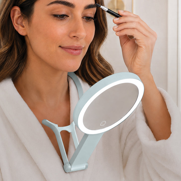 LED Lighted Travel-Ready Hand Mirror with Magnification and Multi-Position Stand