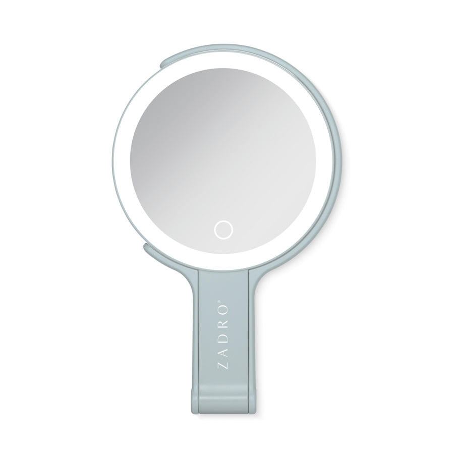 LED Lighted Travel-Ready Hand Mirror with Magnification and Multi-Position Stand