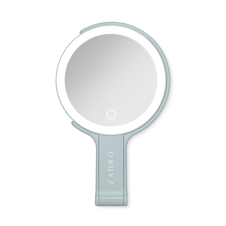 LED Lighted Travel-Ready Hand Mirror with Magnification and Multi-Position Stand