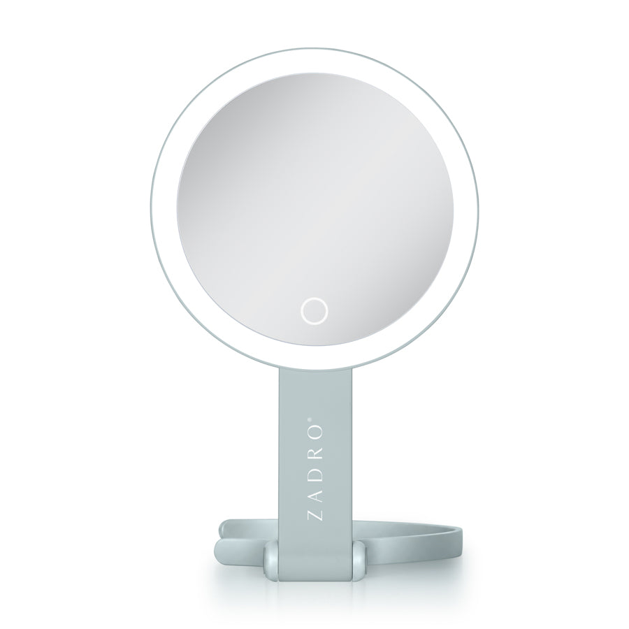 LED Lighted Travel-Ready Hand Mirror with Magnification and Multi-Position Stand