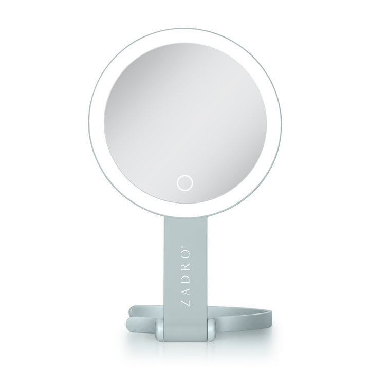 LED Lighted Travel-Ready Hand Mirror with Magnification and Multi-Position Stand