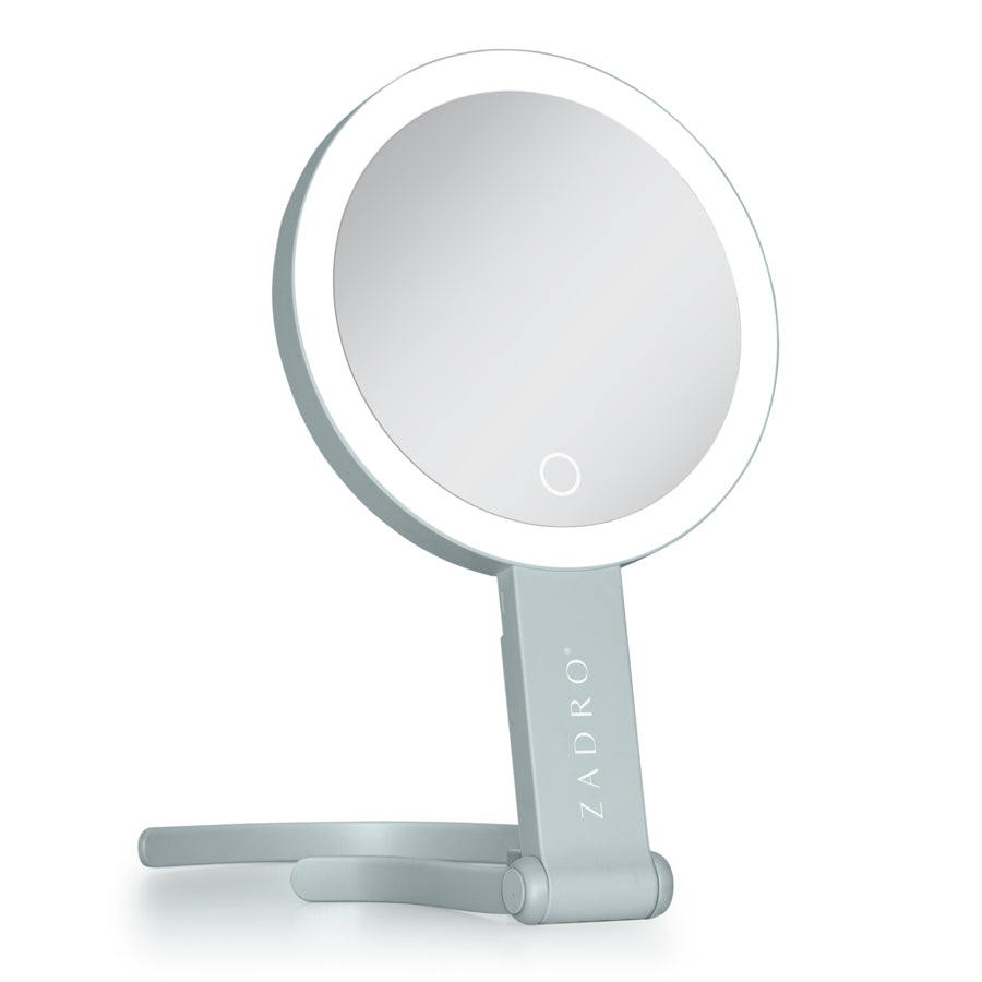 LED Lighted Travel-Ready Hand Mirror with Magnification and Multi-Position Stand