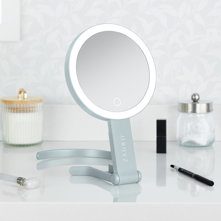 LED Lighted Travel-Ready Hand Mirror with Magnification and Multi-Position Stand