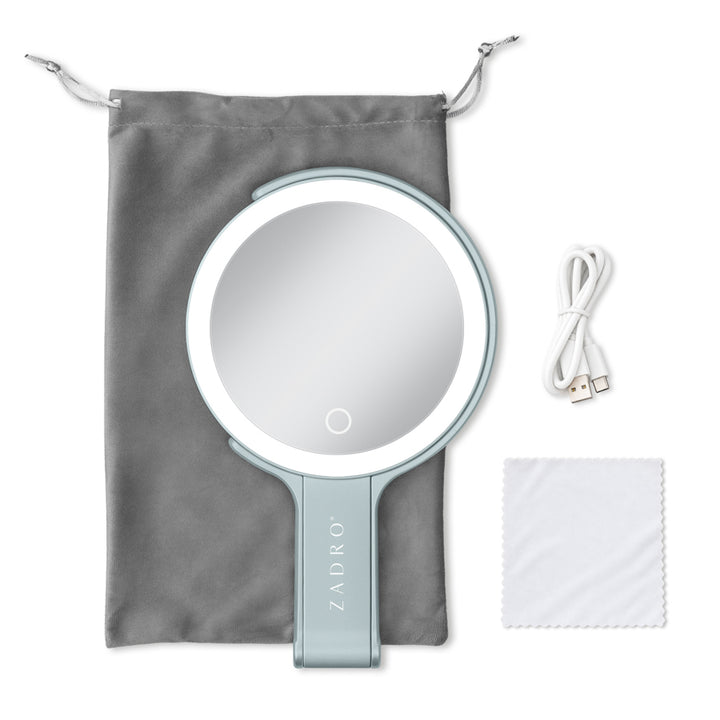 LED Lighted Travel-Ready Hand Mirror with Magnification and Multi-Position Stand