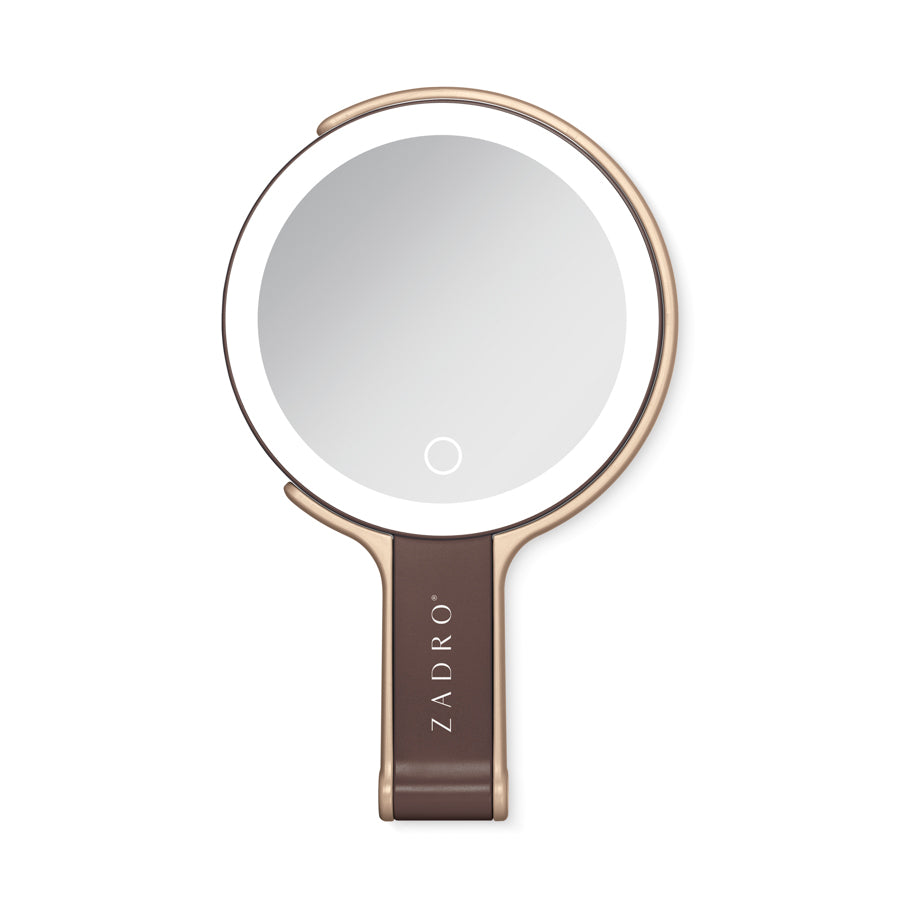 LED Lighted Travel-Ready Hand Mirror with Magnification and Multi-Position Stand