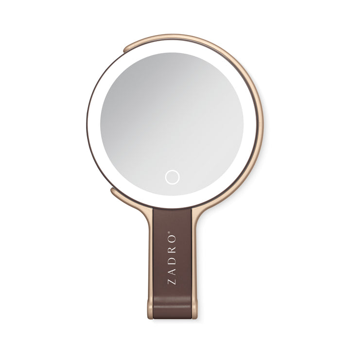 LED Lighted Travel-Ready Hand Mirror with Magnification and Multi-Position Stand