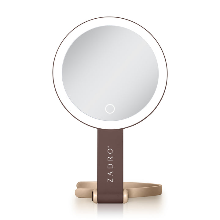 LED Lighted Travel-Ready Hand Mirror with Magnification and Multi-Position Stand