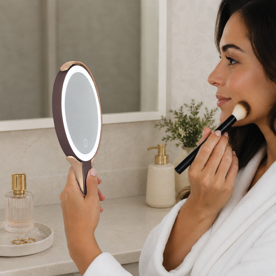 LED Lighted Travel-Ready Hand Mirror with Magnification and Multi-Position Stand