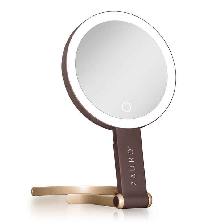 LED Lighted Travel-Ready Hand Mirror with Magnification and Multi-Position Stand