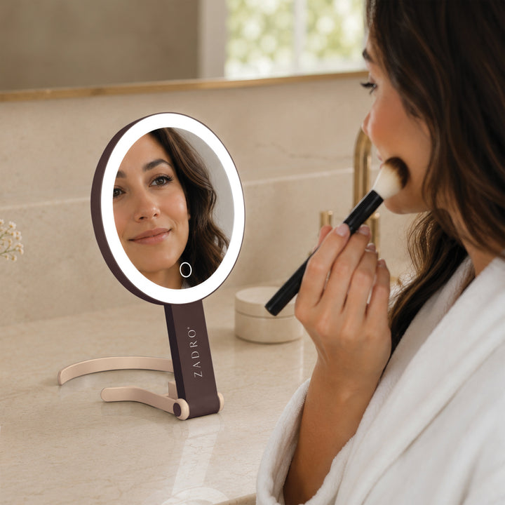 LED Lighted Travel-Ready Hand Mirror with Magnification and Multi-Position Stand