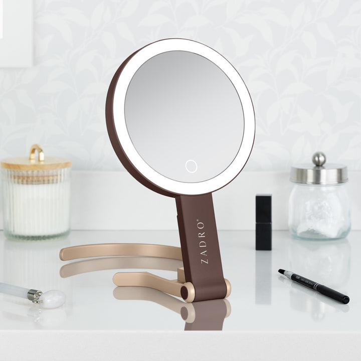 LED Lighted Travel-Ready Hand Mirror with Magnification and Multi-Position Stand