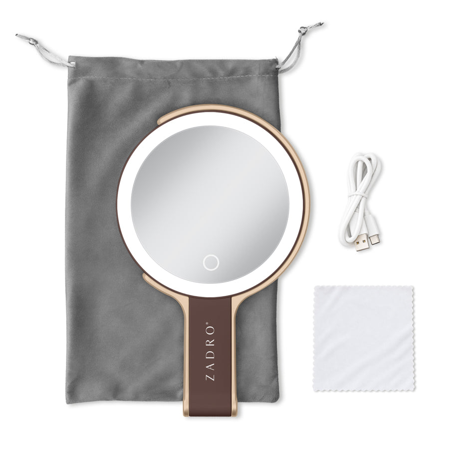 LED Lighted Travel-Ready Hand Mirror with Magnification and Multi-Position Stand