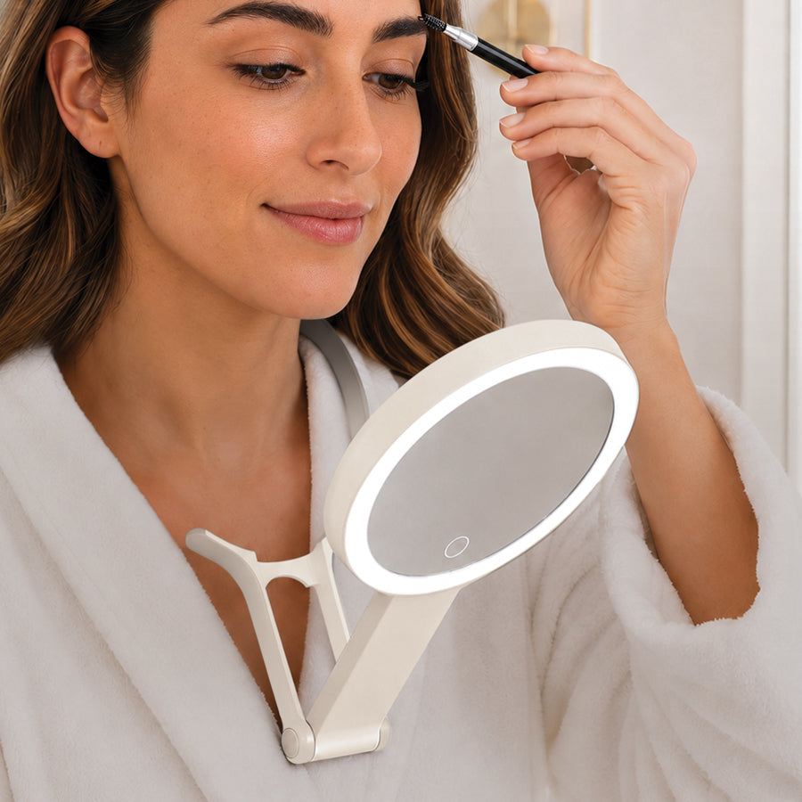 LED Lighted Travel-Ready Hand Mirror with Magnification and Multi-Position Stand