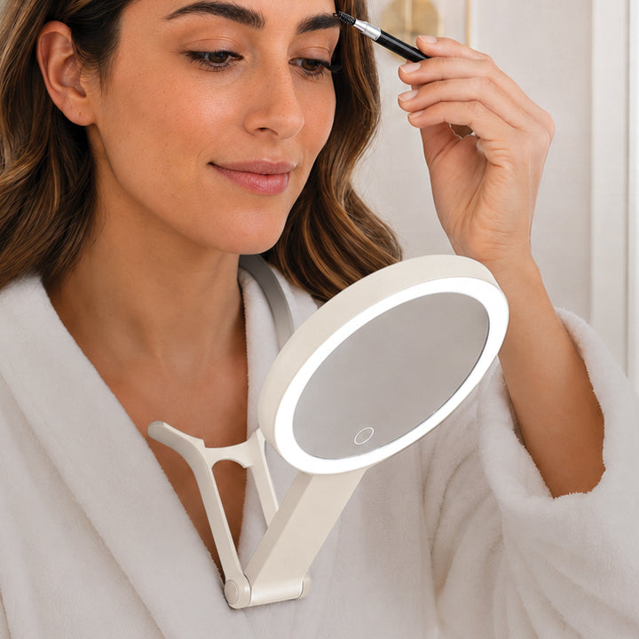 LED Lighted Travel-Ready Hand Mirror with Magnification and Multi-Position Stand