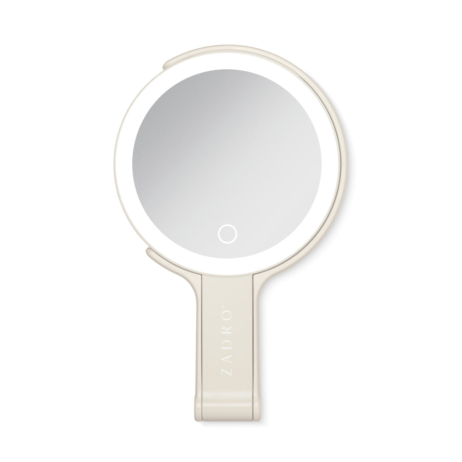 LED Lighted Travel-Ready Hand Mirror with Magnification and Multi-Position Stand