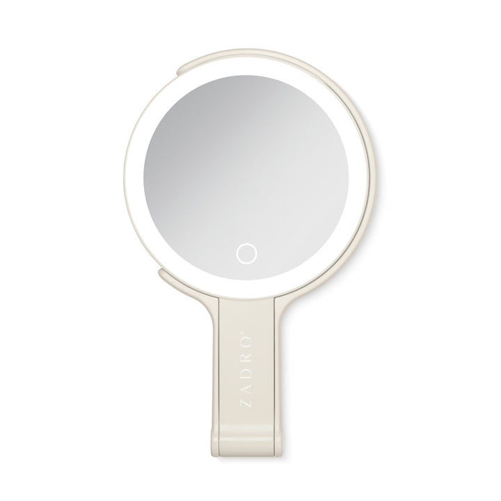 LED Lighted Travel-Ready Hand Mirror with Magnification and Multi-Position Stand