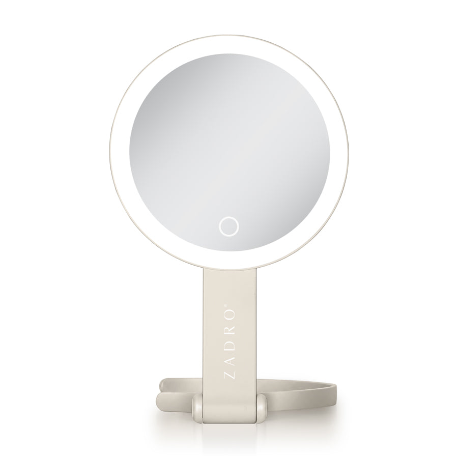 LED Lighted Travel-Ready Hand Mirror with Magnification and Multi-Position Stand