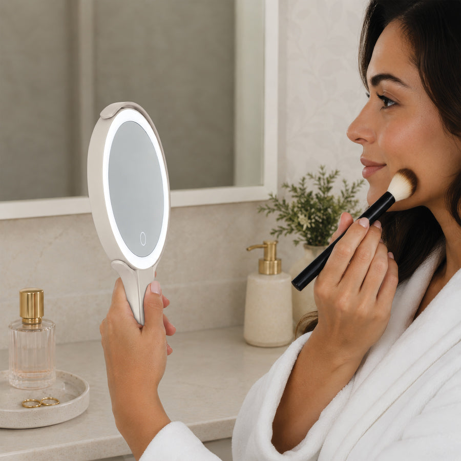 LED Lighted Travel-Ready Hand Mirror with Magnification and Multi-Position Stand