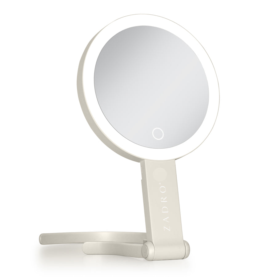 LED Lighted Travel-Ready Hand Mirror with Magnification and Multi-Position Stand