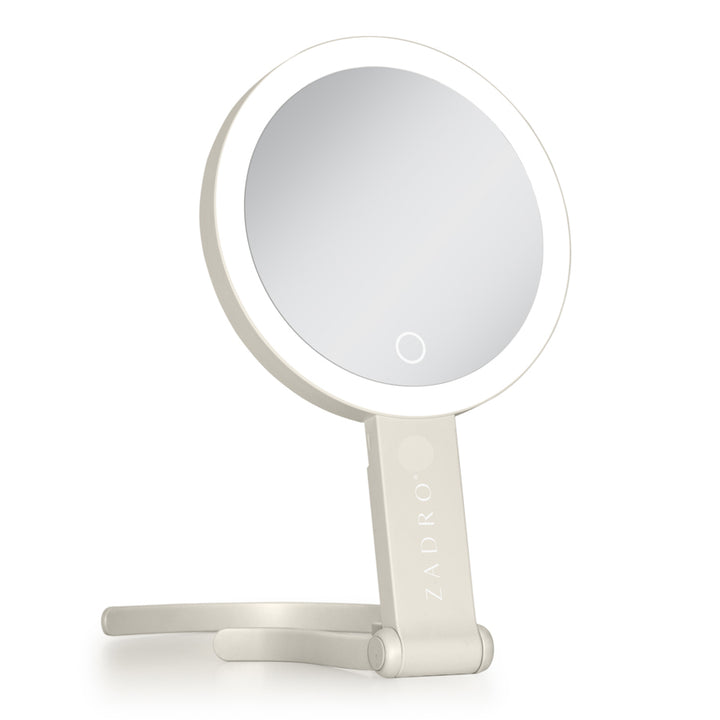 LED Lighted Travel-Ready Hand Mirror with Magnification and Multi-Position Stand
