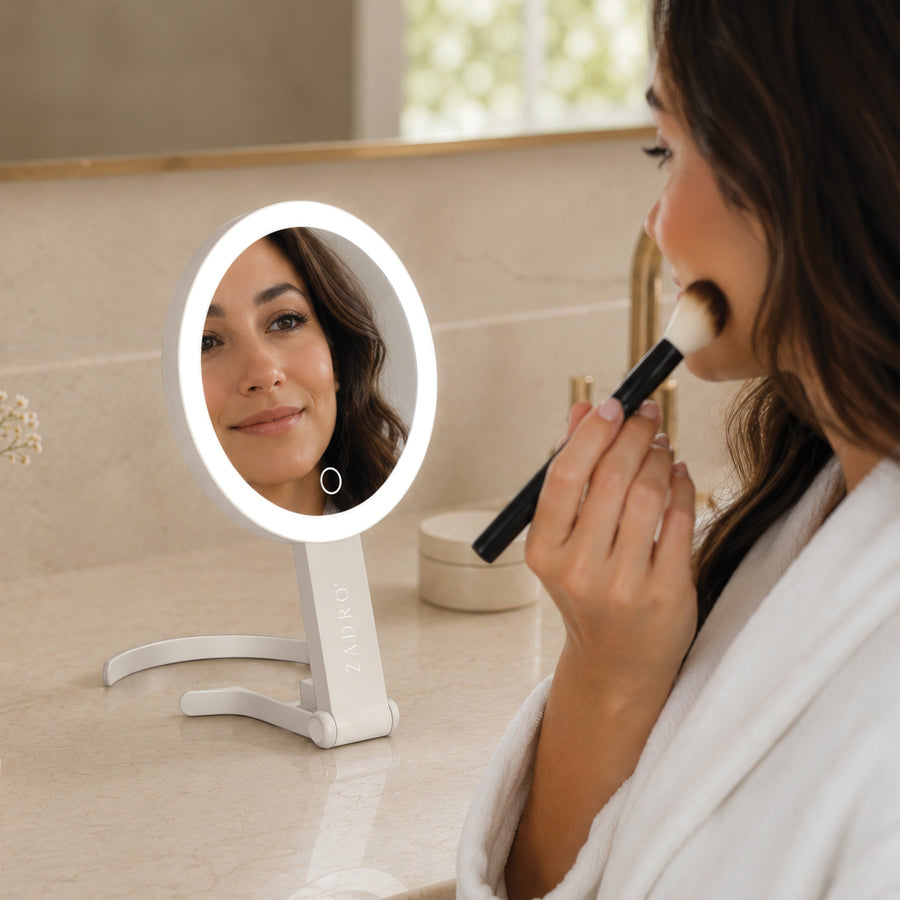 LED Lighted Travel-Ready Hand Mirror with Magnification and Multi-Position Stand