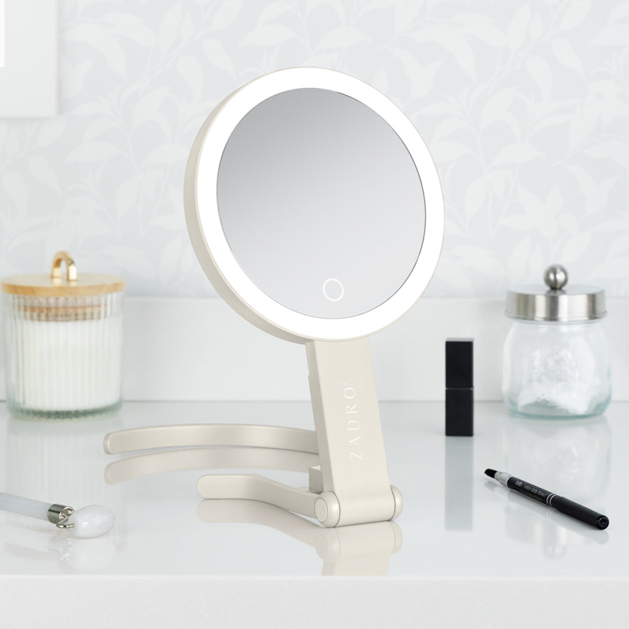 LED Lighted Travel-Ready Hand Mirror with Magnification and Multi-Position Stand