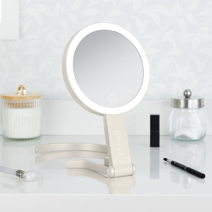 LED Lighted Travel-Ready Hand Mirror with Magnification and Multi-Position Stand