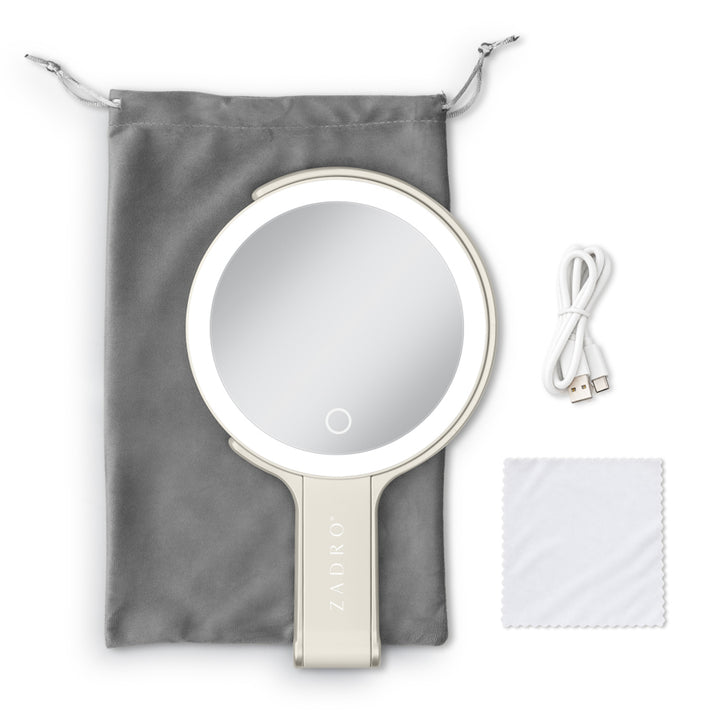 LED Lighted Travel-Ready Hand Mirror with Magnification and Multi-Position Stand