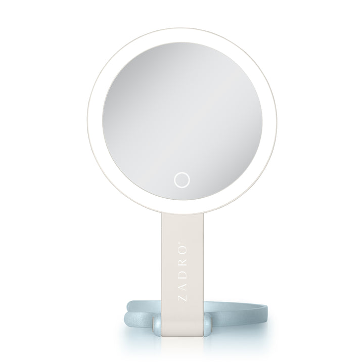 LED Lighted Travel-Ready Hand Mirror with Magnification and Multi-Position Stand
