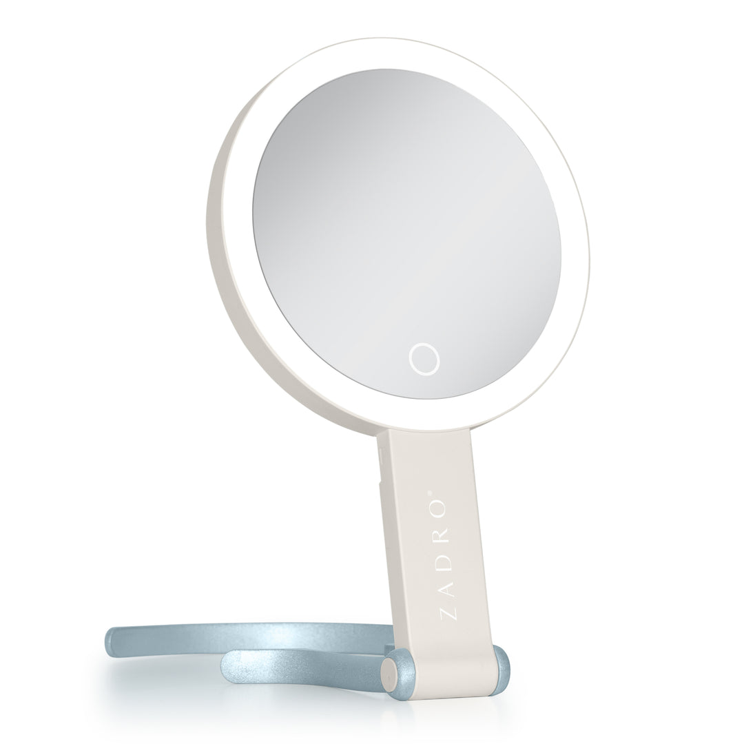 LED Lighted Travel-Ready Hand Mirror with Magnification and Multi-Position Stand
