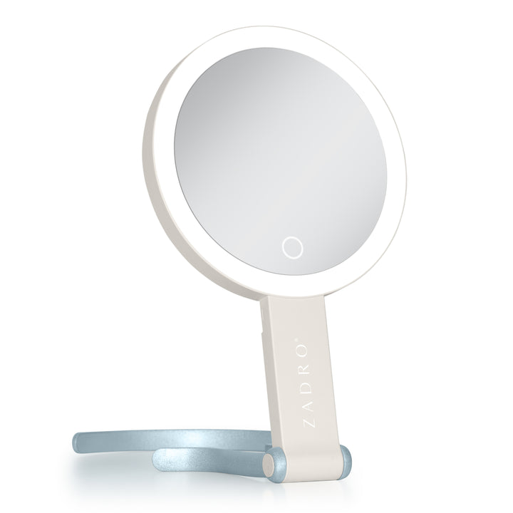 LED Lighted Travel-Ready Hand Mirror with Magnification and Multi-Position Stand