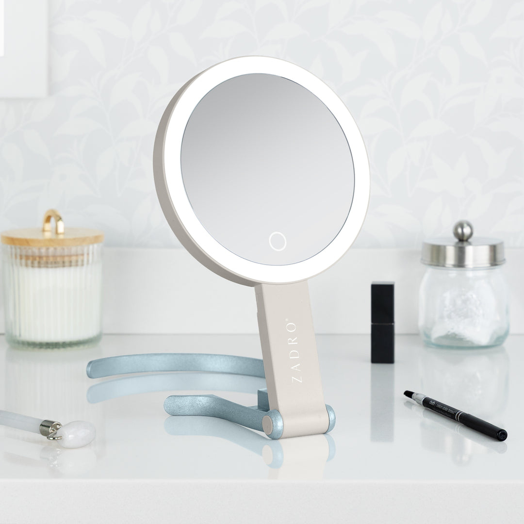 LED Lighted Travel-Ready Hand Mirror with Magnification and Multi-Position Stand