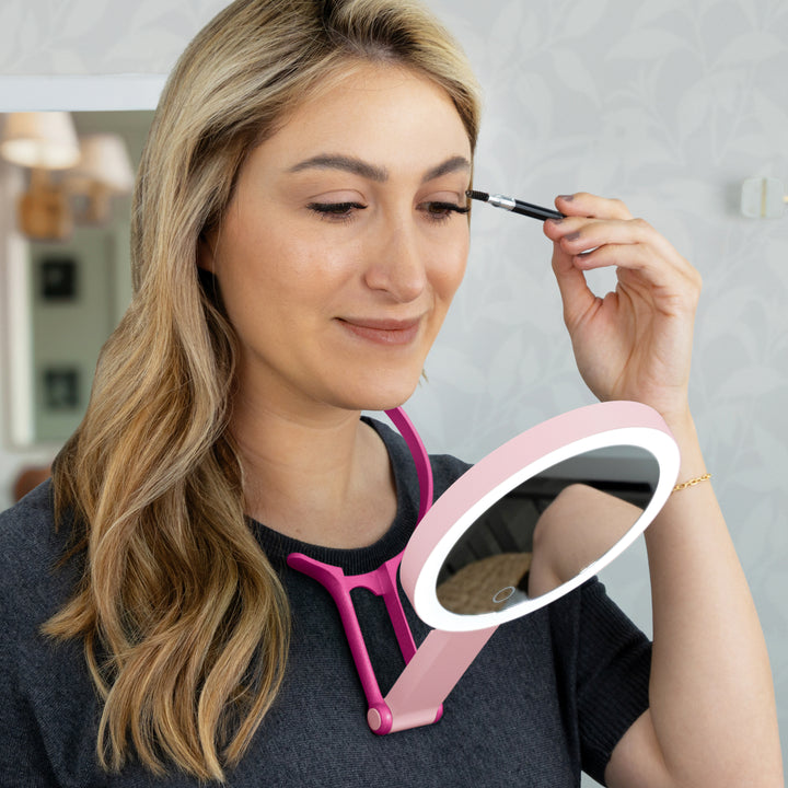 LED Lighted Travel-Ready Hand Mirror with Magnification and Multi-Position Stand