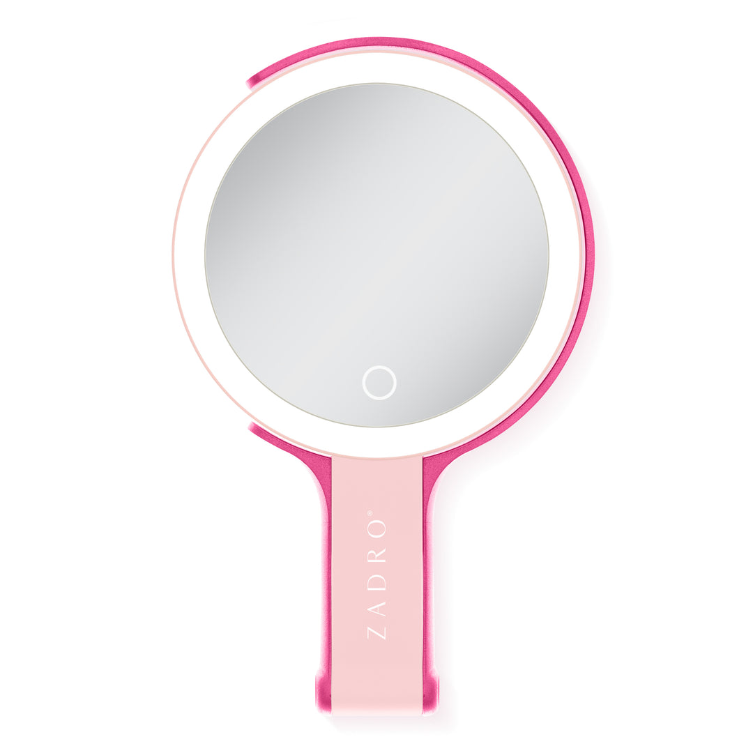 LED Lighted Travel-Ready Hand Mirror with Magnification and Multi-Position Stand