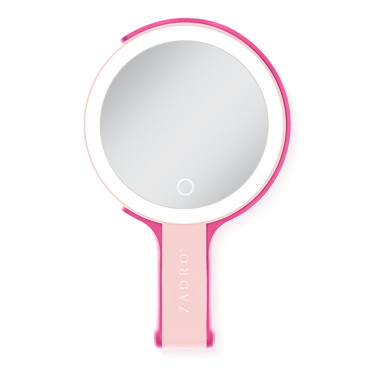 LED Lighted Travel-Ready Hand Mirror with Magnification and Multi-Position Stand