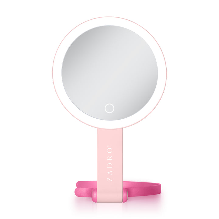 LED Lighted Travel-Ready Hand Mirror with Magnification and Multi-Position Stand