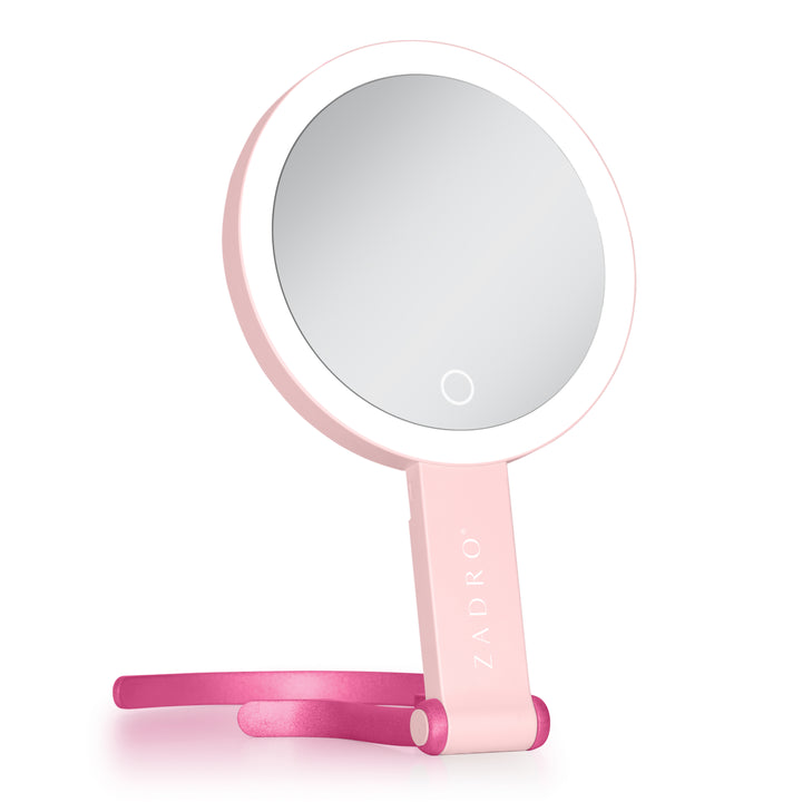 LED Lighted Travel-Ready Hand Mirror with Magnification and Multi-Position Stand