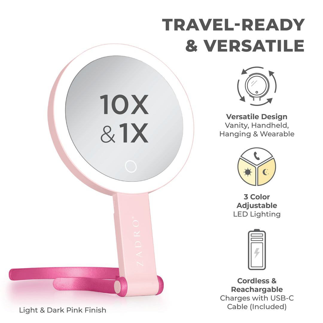 LED Lighted Travel-Ready Hand Mirror with Magnification and Multi-Position Stand