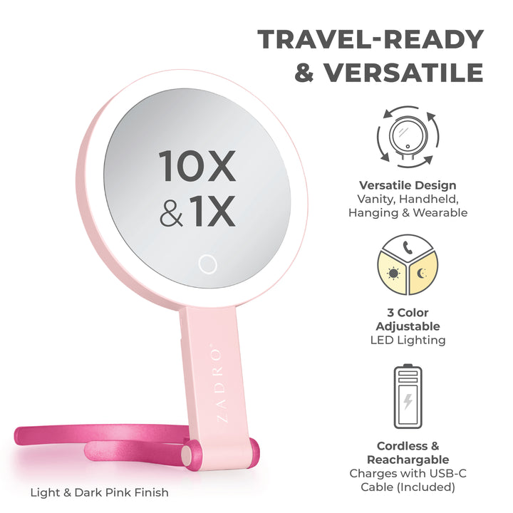 LED Lighted Travel-Ready Hand Mirror with Magnification and Multi-Position Stand