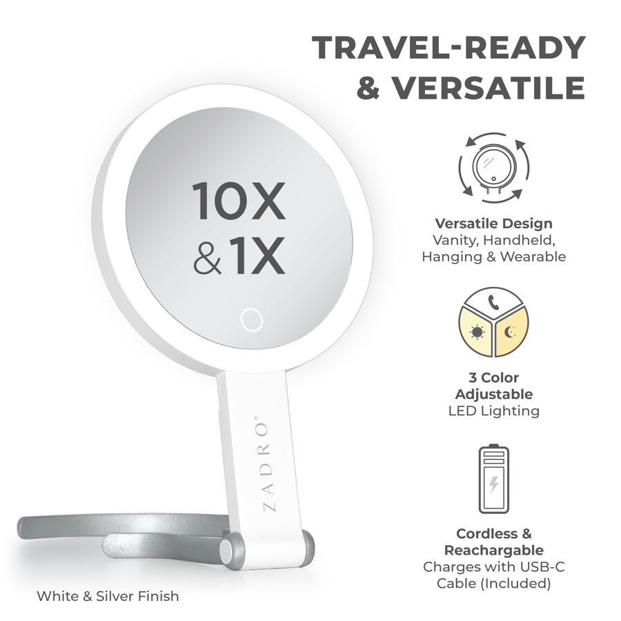 LED Lighted Travel-Ready Hand Mirror with Magnification and Multi-Position Stand